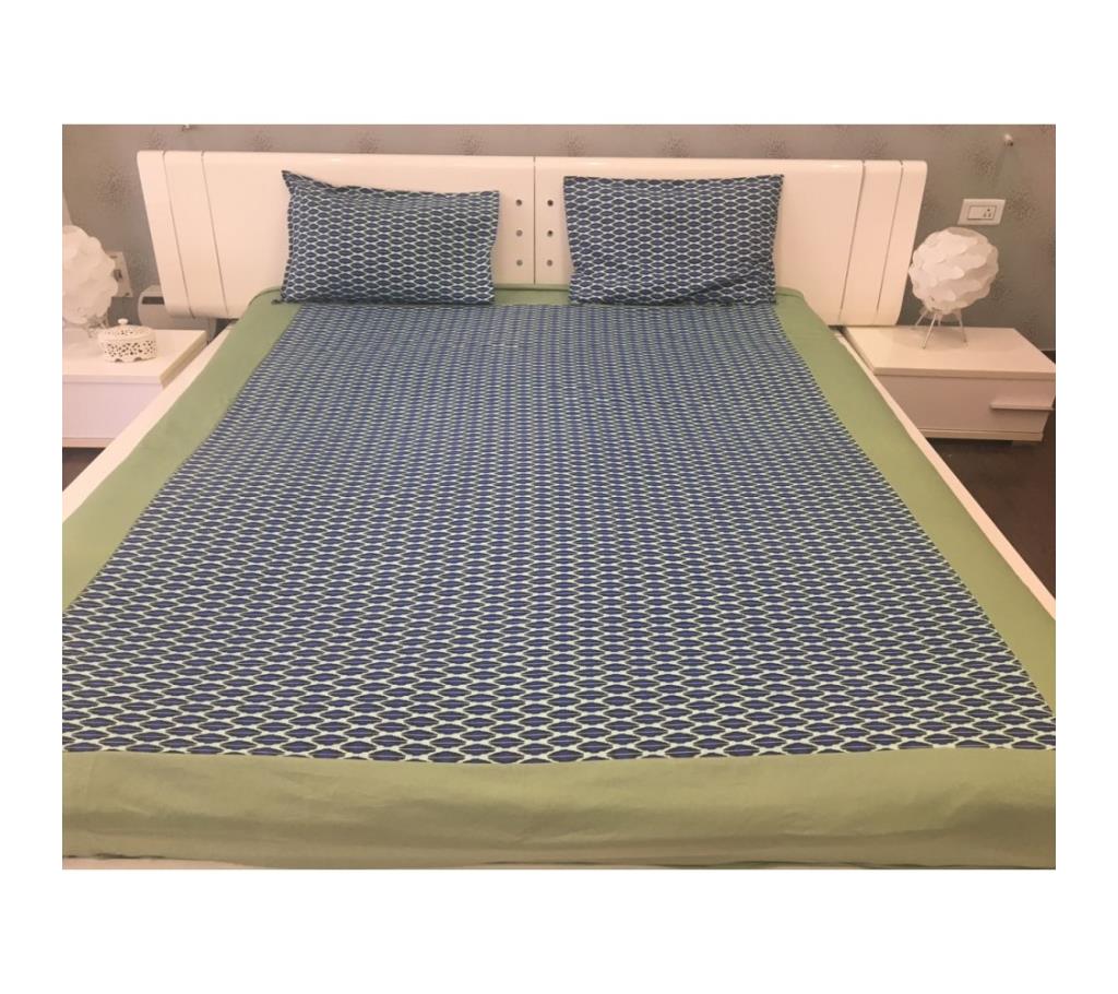Geometric Blue With Olive Green Panel Cotton Double Bedsheet by Ivoryniche বাংলাদেশ - 742665