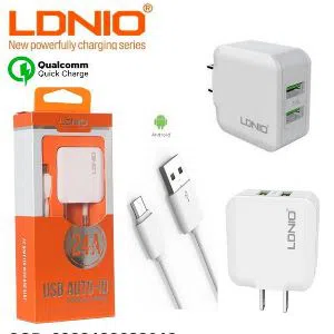 LDNIO A2201 Dual USB 2.4A Fast Charger With Lighting USB (iPhone) Cable - White