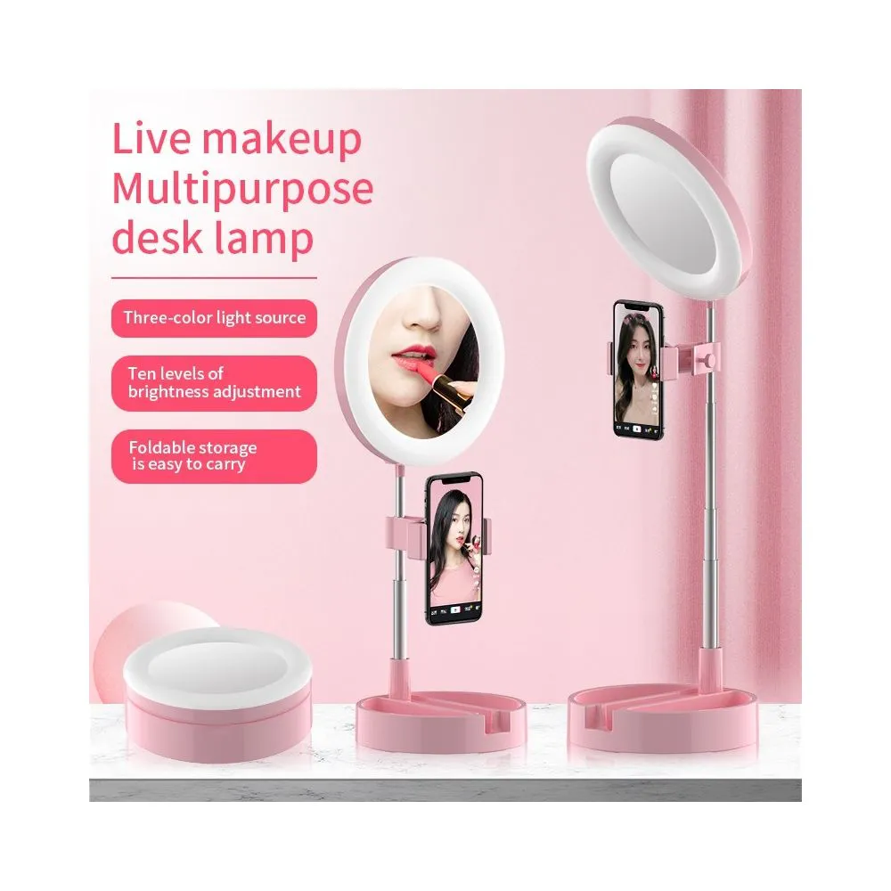 Portable Selfie Ring Light Tripod Stand with Makeup Mirror Table LED Lights Photography Lighting for Beauty Live Youtube Tik Tok