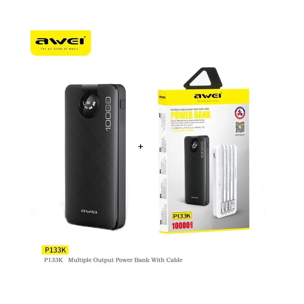 Awei P133K 10000mAh Power Bank with Cable Type-C iP Micro Compatible with iP Android