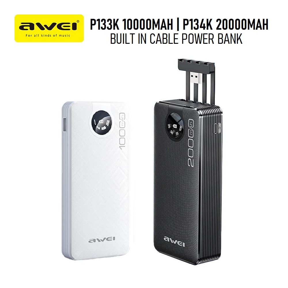 Awei P134K 10000mAh Power Bank with Cable Type-C iP Micro Compatible with iP Android