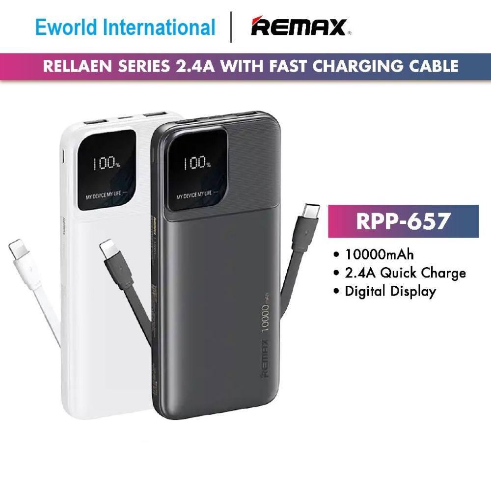 Remax RPP-657 Rellaen Series 10000mAh Fast Charging Powerbank With Digital Display & Built-In Cable