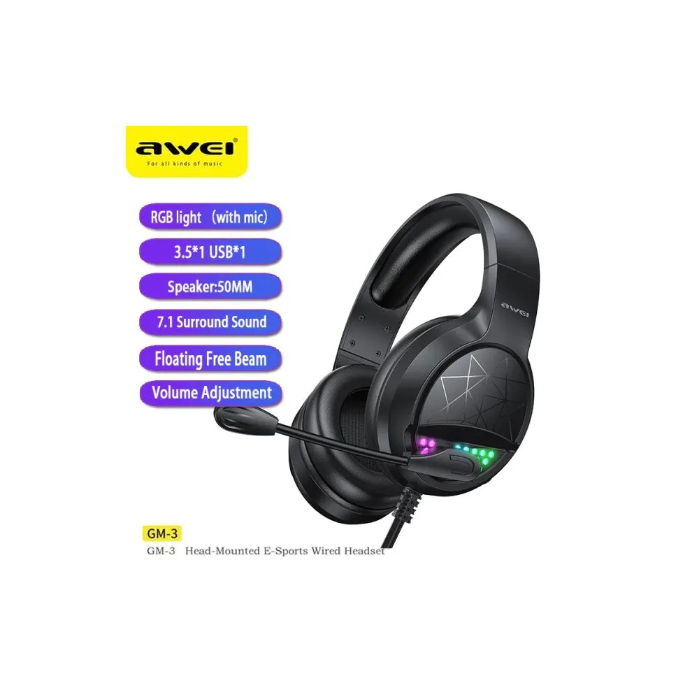 AWEI GM-3 Wired Gaming Headset 7.1 Surround Sound With Microphone HIFI Stereo Headphone 3.5mm USB A For PC Computer Laptop Gamer