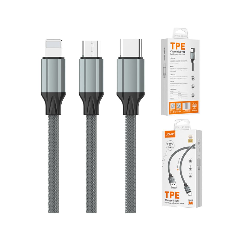 LDNIO LS441 Nylon Braided Fast Charging Cable USB To Type-C / Lightning / Micro Interface 2.4A 1M