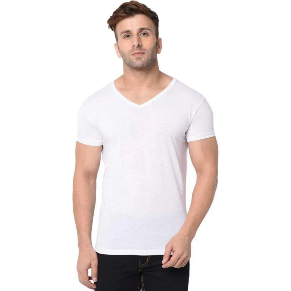 Mens Regular-fit Stretchable Pure Cotton, Perfect White Solid Colour V-neck Short-sleeve T-shirt.