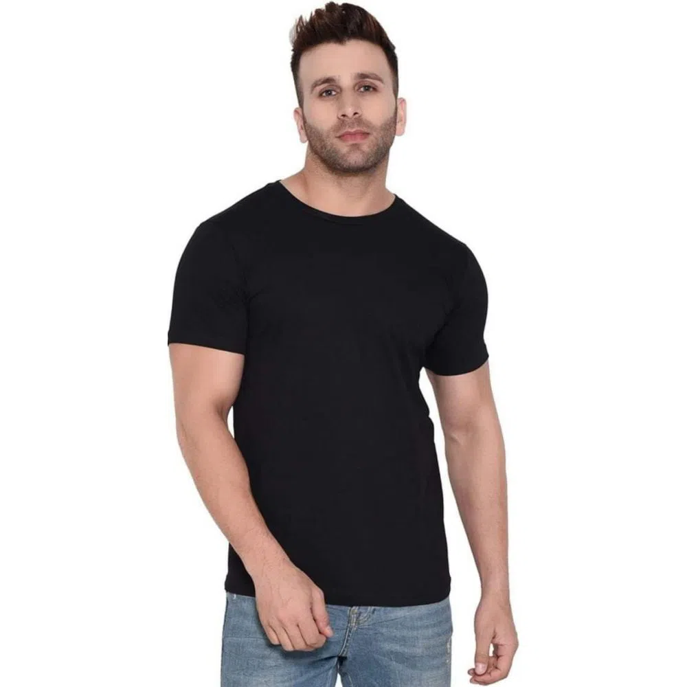 Mens Regular-fit Stretchable Pure Cotton, Pitch Black Solid Colour Round-neck Short-sleeve T-shirt.