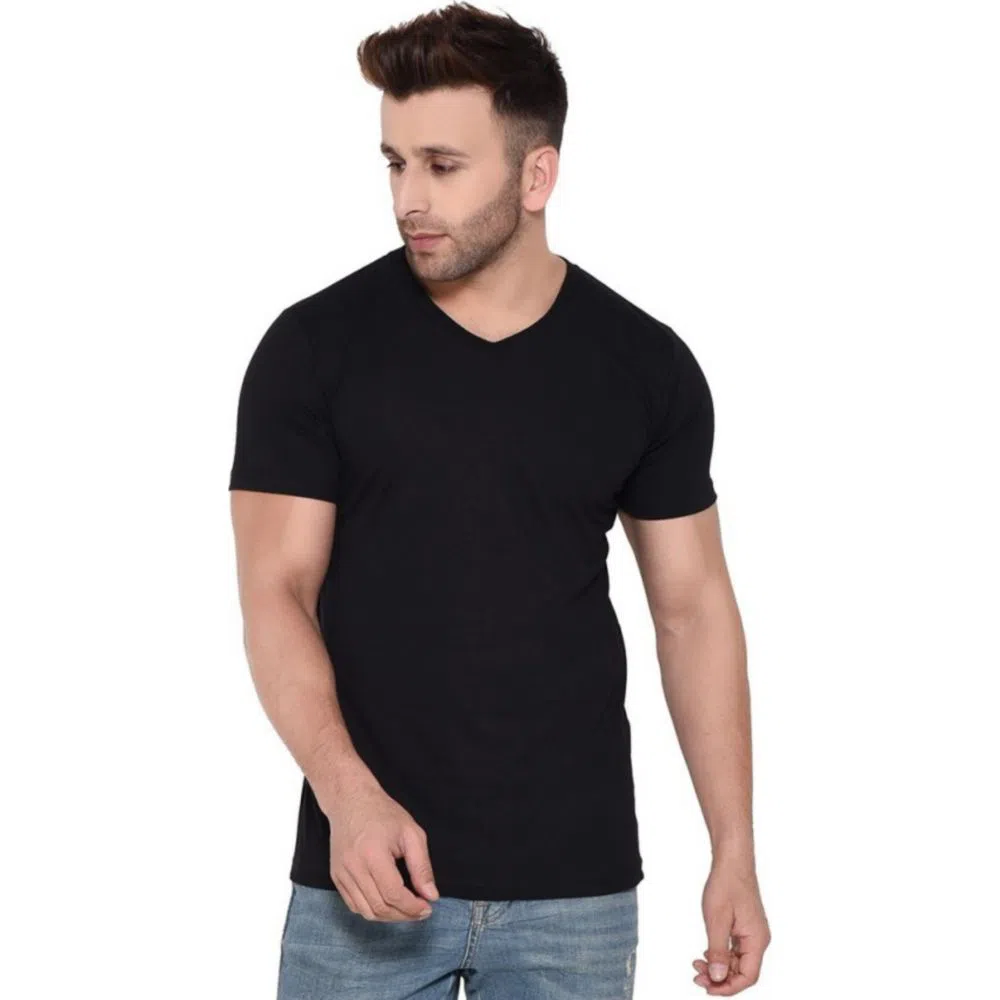 Mens Regular-fit Stretchable Pure Cotton, Pitch Black Solid Colour V-neck Short-sleeve T-shirt.