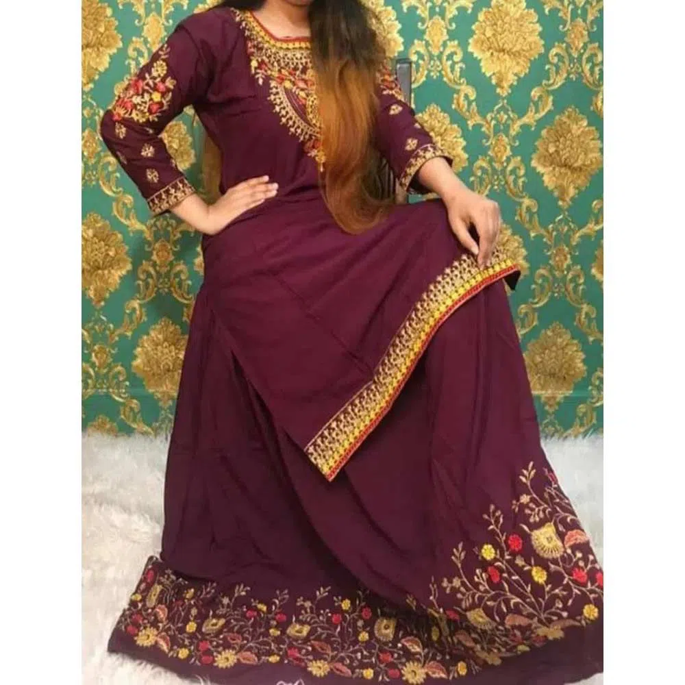 Womens Stitched Regular-fit China Linen Maroon, Embroidery Work Two-Piece Long Sarara Dress.