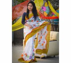 Half Silk Hand Paint Saree For Women - White and Brown Color