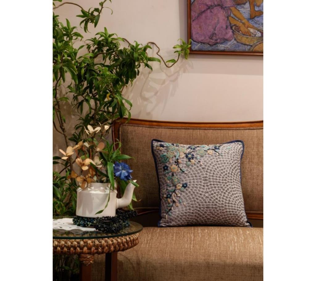 Bouquet/ Indigo Printed & Hand Embroidered Cushion Cover by Ivoryniche বাংলাদেশ - 742704