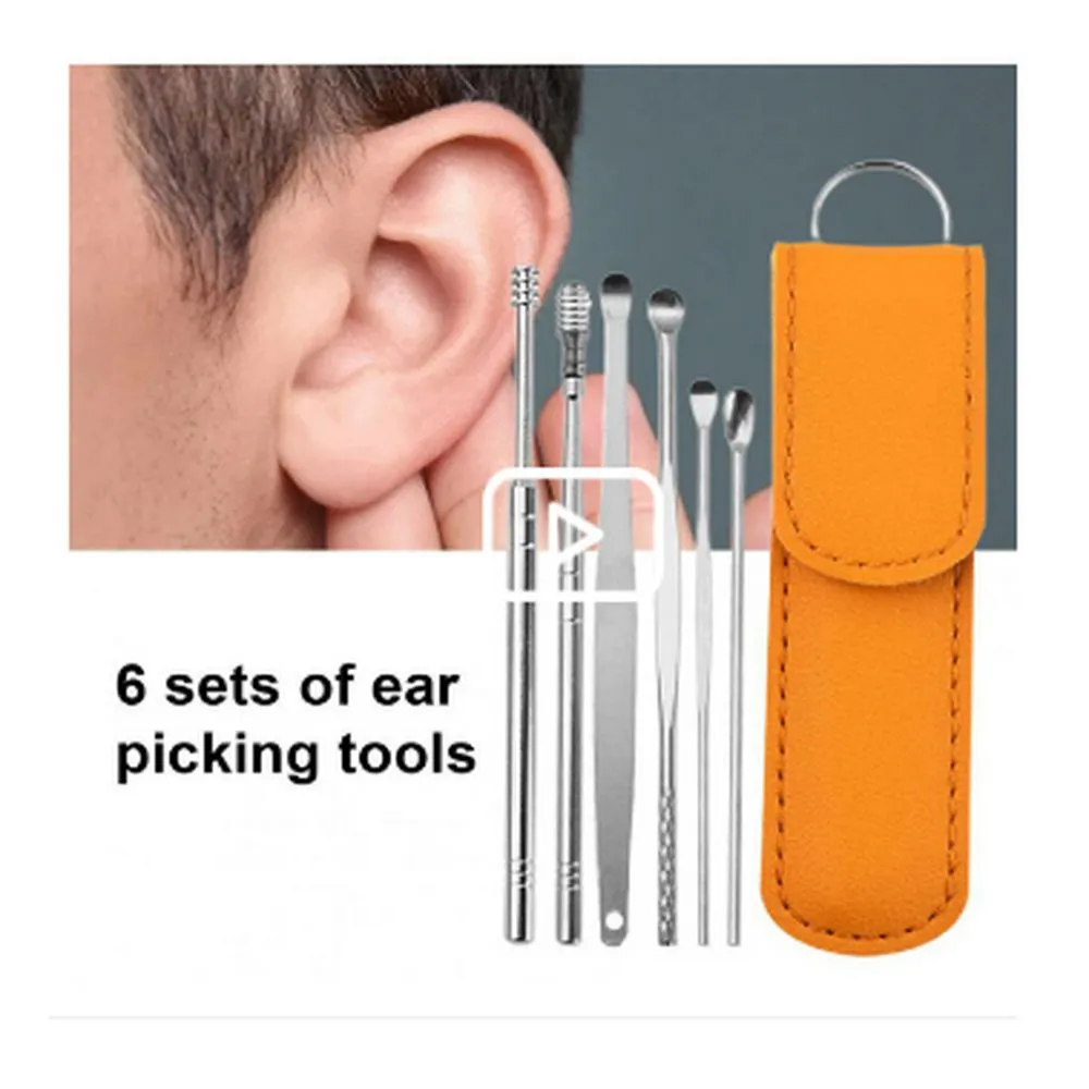 HEGRUS 6PCS Ear Pick Set Portable Ear Cleaner Set Stainless Steel Earpick Ear Wax Curette Remover Ear Cleaner Spoon Curette Spiral Ear Clean Tool with