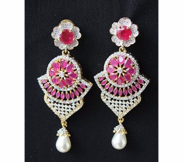 Indian Diamond Cut Ruby color Stone Long Earrings