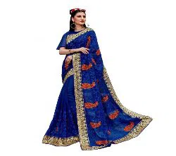Georgette Design Embroidery Work Saree For Women With blouse piece-blue 