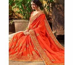 Georgette Design Embroidery Work Saree For Women With blouse piece-orange