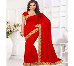 Designed Georgette Saree for Women with unstitch Blouse piece-Red