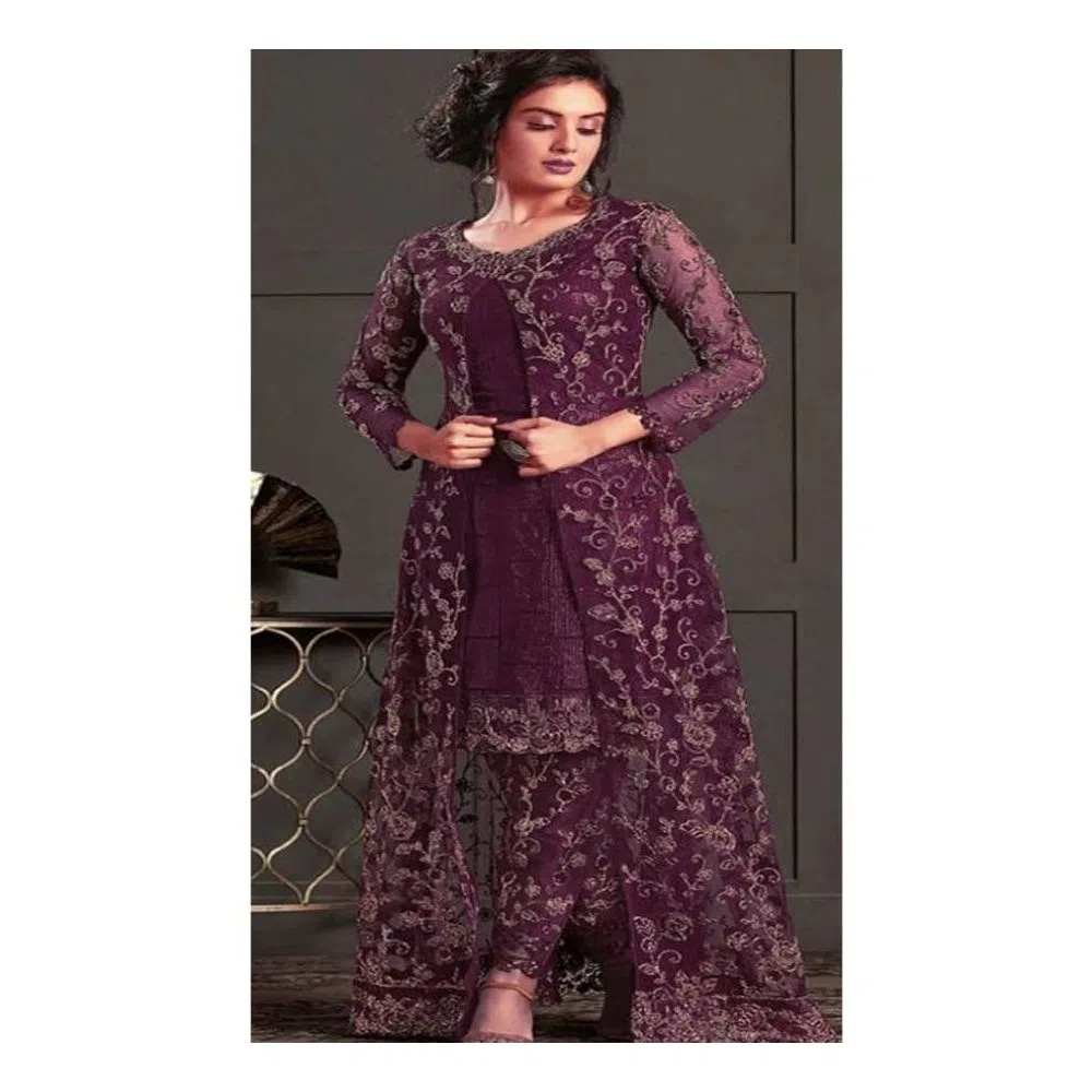 Georgette Heavy Embroidered Semi Stitched Anarkali Gown - Dark Purple