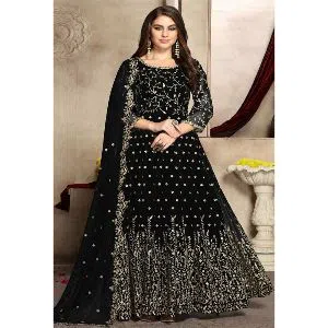 Georgette Heavy Embroidered Semi Stitched Anarkali Gown - Black