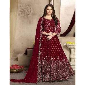 Georgette Heavy Embroidered Semi Stitched Anarkali Gown - Maroon
