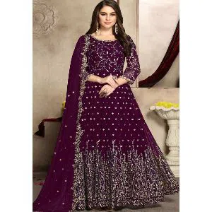 Georgette Heavy Embroidered Semi Stitched Anarkali Gown - Purple