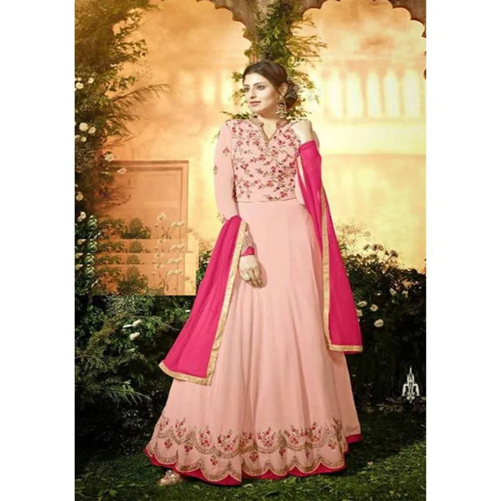 Georgette Heavy Embroidered Semi Stitched Anarkali Gown - Pink