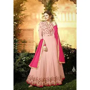 Georgette Heavy Embroidered Semi Stitched Anarkali Gown - Pink