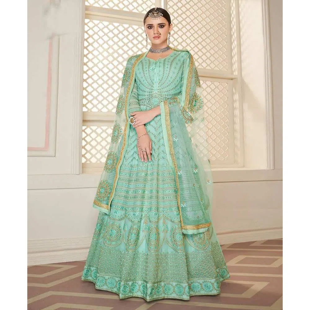 Georgette Heavy Embroidered Semi Stitched Anarkali Gown - Firozi
