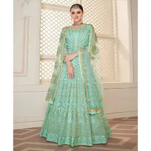 Georgette Heavy Embroidered Semi Stitched Anarkali Gown - Firozi