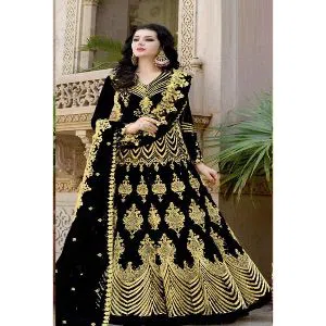 Georgette Heavy Embroidered Semi Stitched Anarkali Gown - Black & Golden
