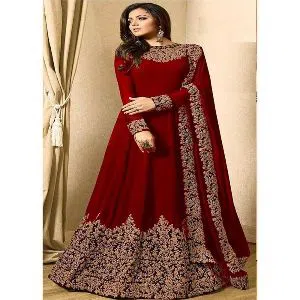 Georgette Heavy Embroidered Semi Stitched Anarkali Gown - Maroon