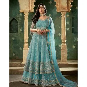 Georgette Heavy Embroidered Semi Stitched Anarkali Gown - Sky Blue