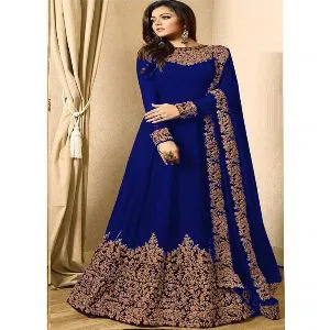 Georgette Heavy Embroidered Semi Stitched Anarkali Gown - Dark Nevi Blue
