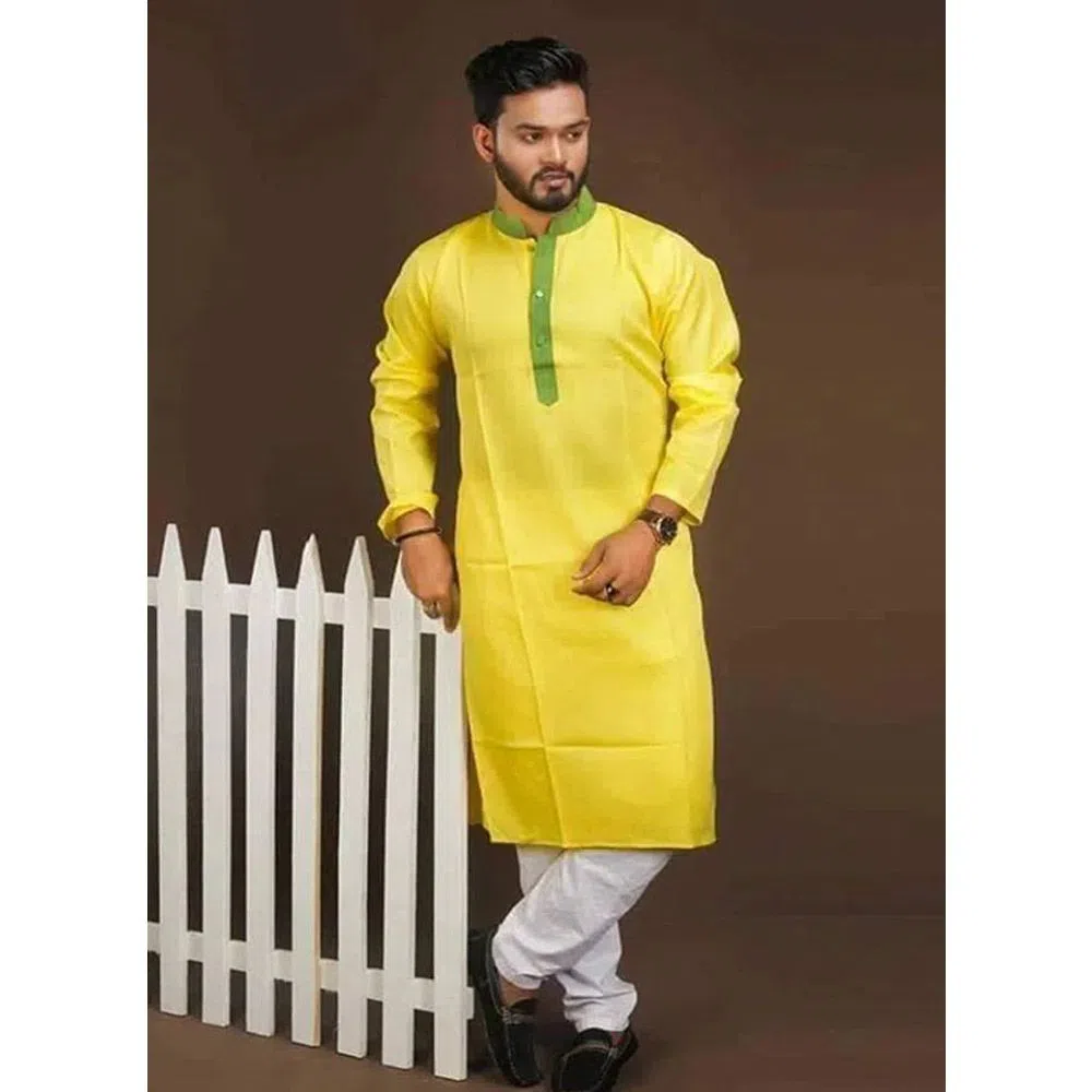 Silk Cotton Panjabi for Men - Yellow