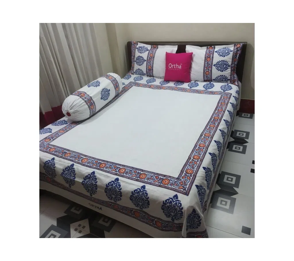 Ortha Block Work Handmade Bedsheet Set - Block-02 (4 pieces)