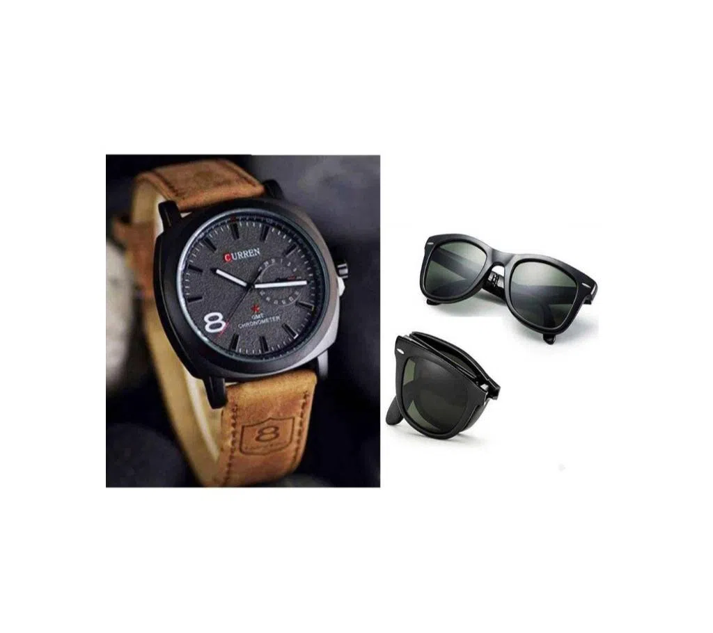 Quartz Movement Gents Wristwatch + Folding Sunglasses for Men - Black 