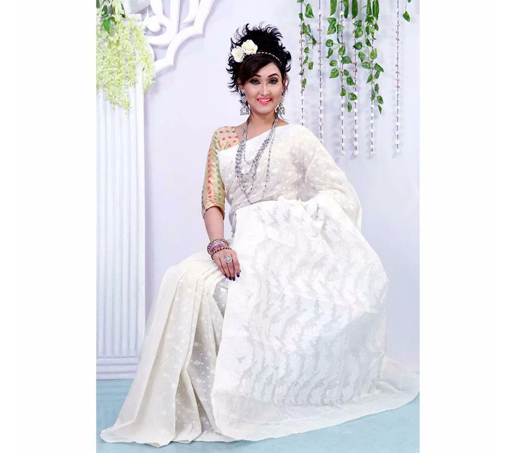White Cotton Alpona Jamdani Saree for Women