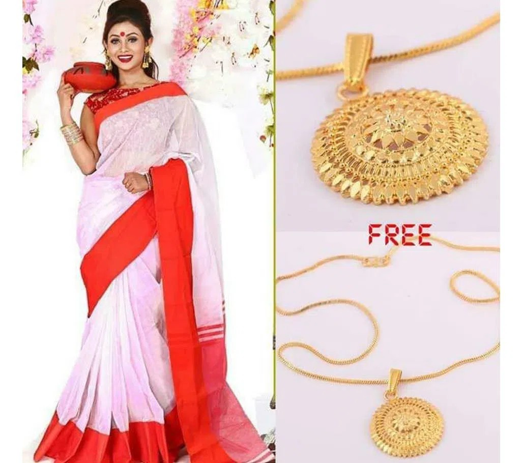 White And Golden Silk Saree For Women With (Pendant Free)