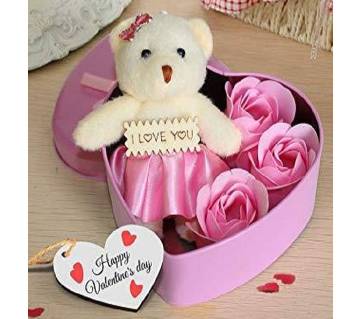 Love Gift box -Heart Shape Gift Box (Flowers With Soft Teddy)
