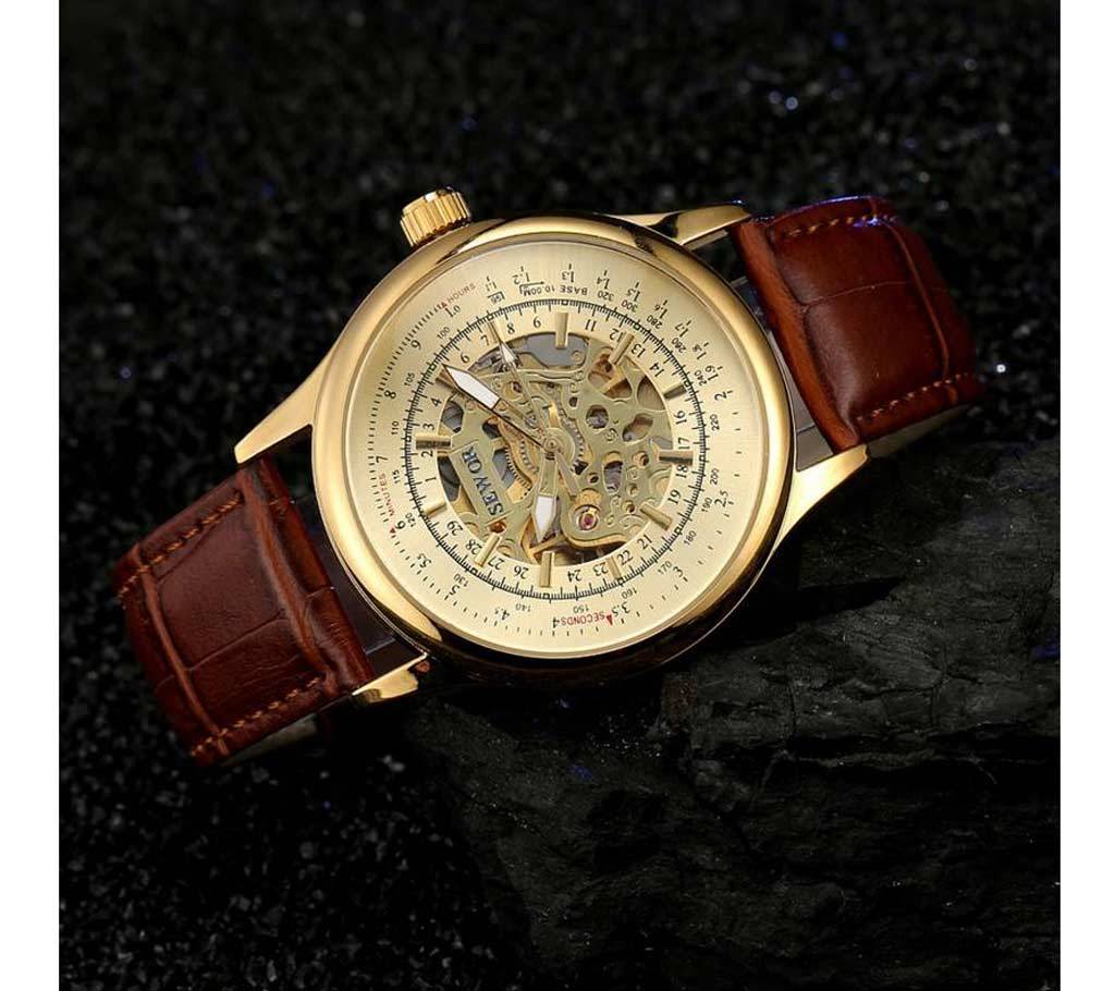 Sewor Men Luxury Golden Dial Chocolate Belt Skeleton Automatic Mechanical Watches বাংলাদেশ - 697789