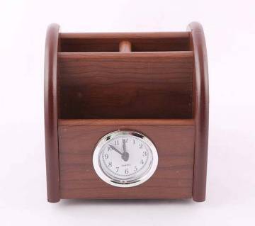 Moving wooden pen holder clock