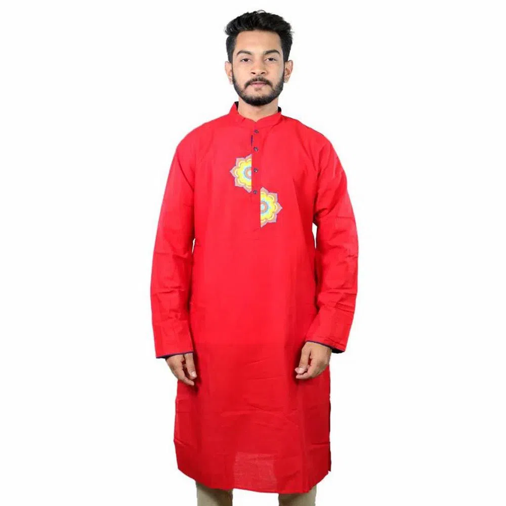 Boishakhi Red Screen print Cotton Long Panjabi for Men  