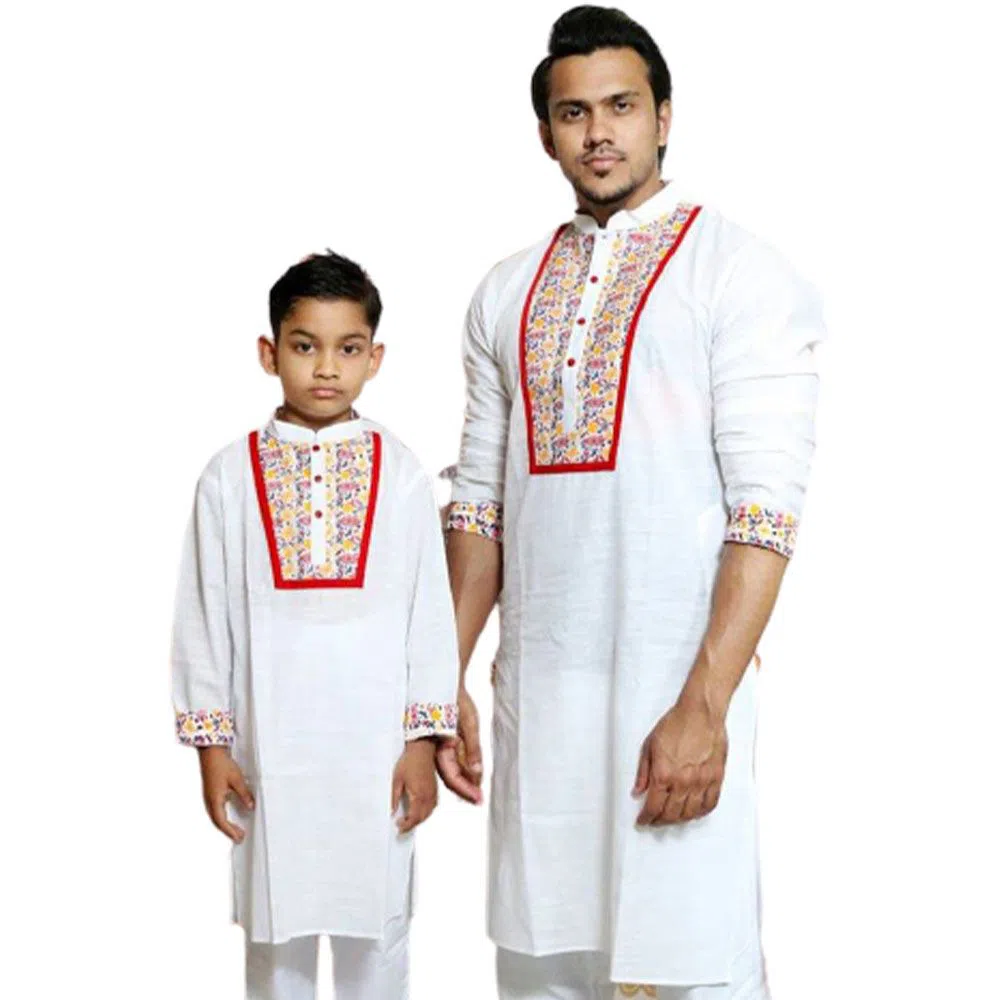 White Screen printed Mens and Kids Panjabi Payjama Set