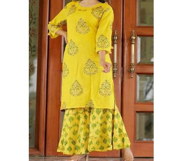 Latest Yellow Block Printed 2 Piece Salwar Kameez for Women-free size