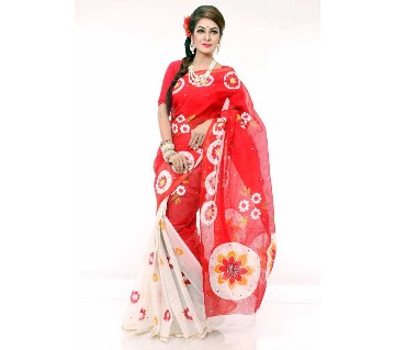 Red white silk sharee