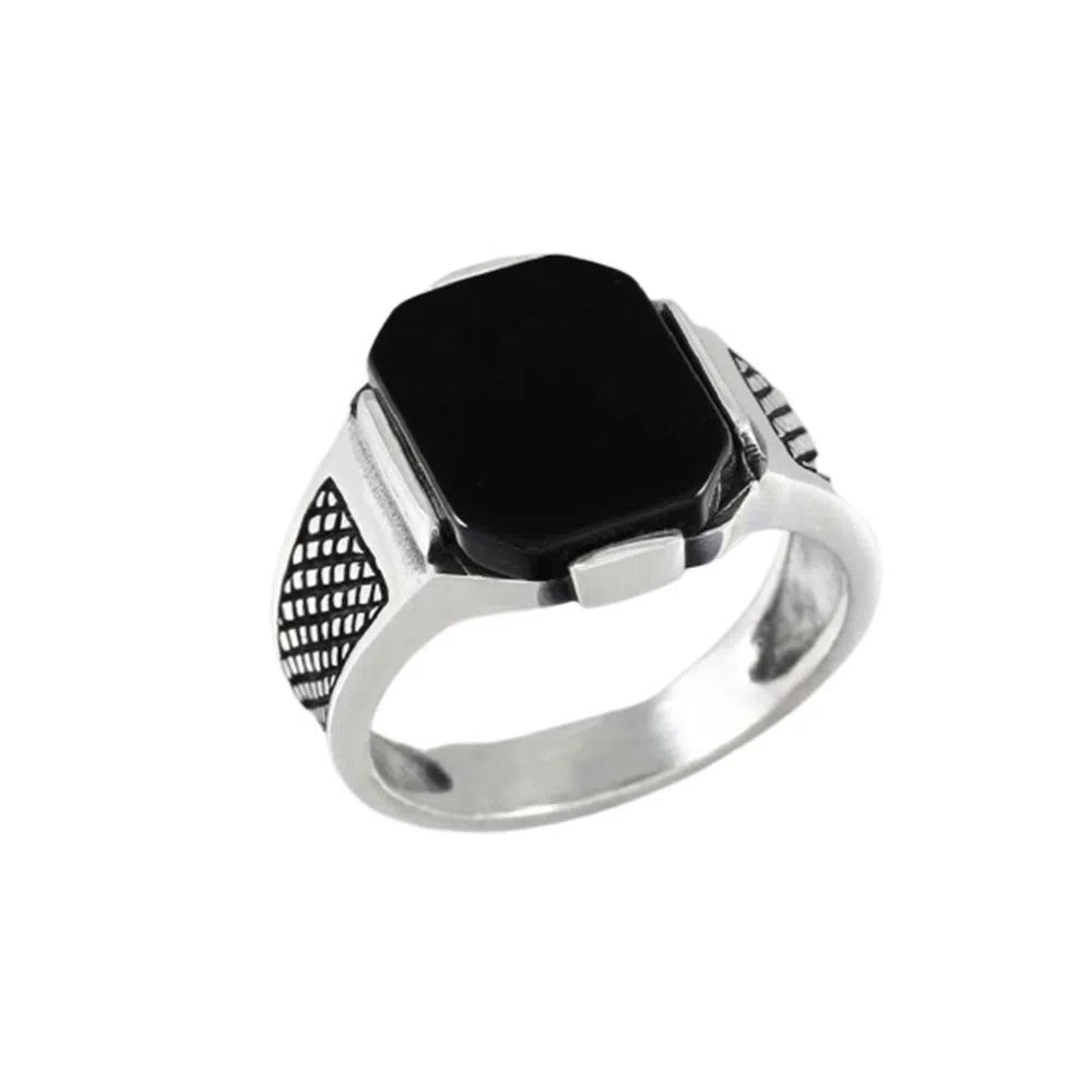 Stainless Steel Black Natural Stone Mens Finger Ring with free gift box