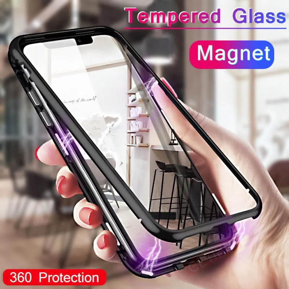 Magnetic Flip Case For Redmi Note 8 Clear Glass Hard Back Cover Metal Frame Protection Case - Black