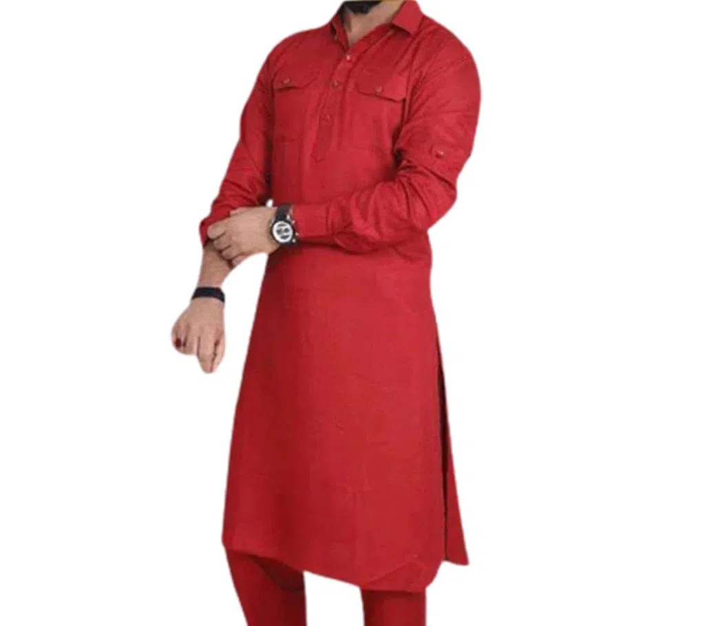Stylish Red Trendy Linen Kabli Suit Set for Men