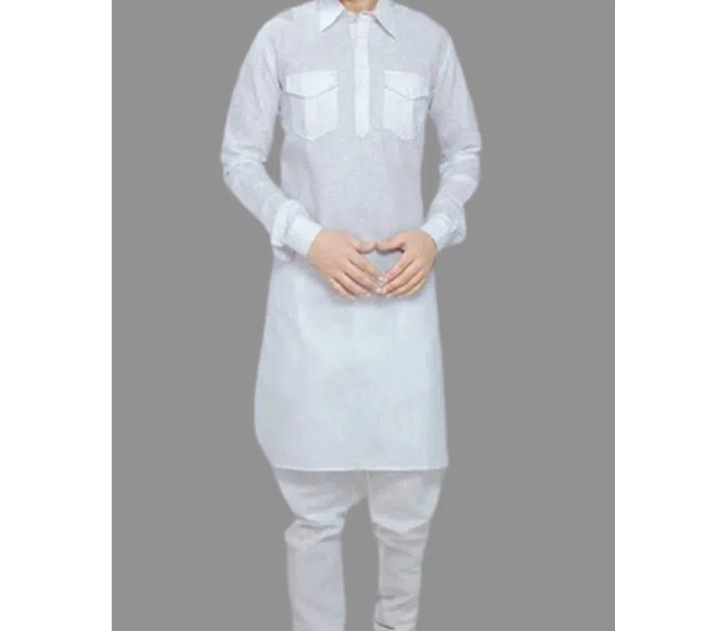 Stylish White Trendy Linen Kabli Suit Set for Men