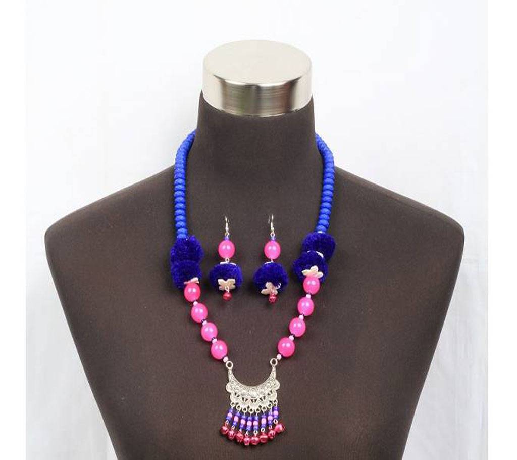 Pink Plain Marble Stone Necklace with Pompom Earrings বাংলাদেশ - 692883