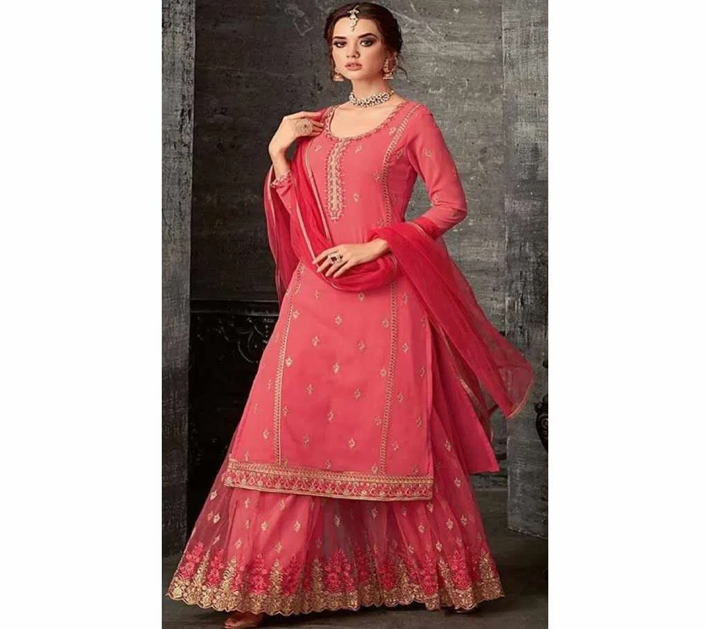 BRIGHT PINK GEORGETTE EMBROIDERED PALAZZO STYLE SUIT