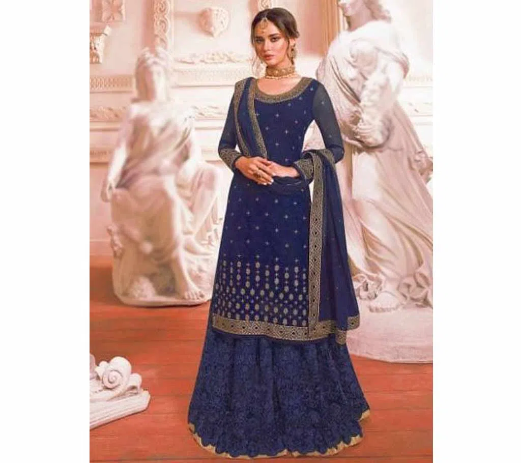 Navy Blue Georgette Embroidered Sharara Suit